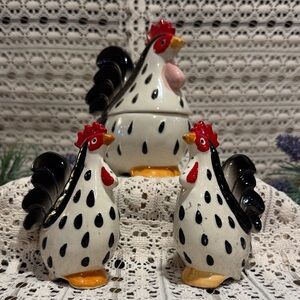 Rare Set of three Roosters, Salt and Pepper Shakers and Sugar Bowl with lid